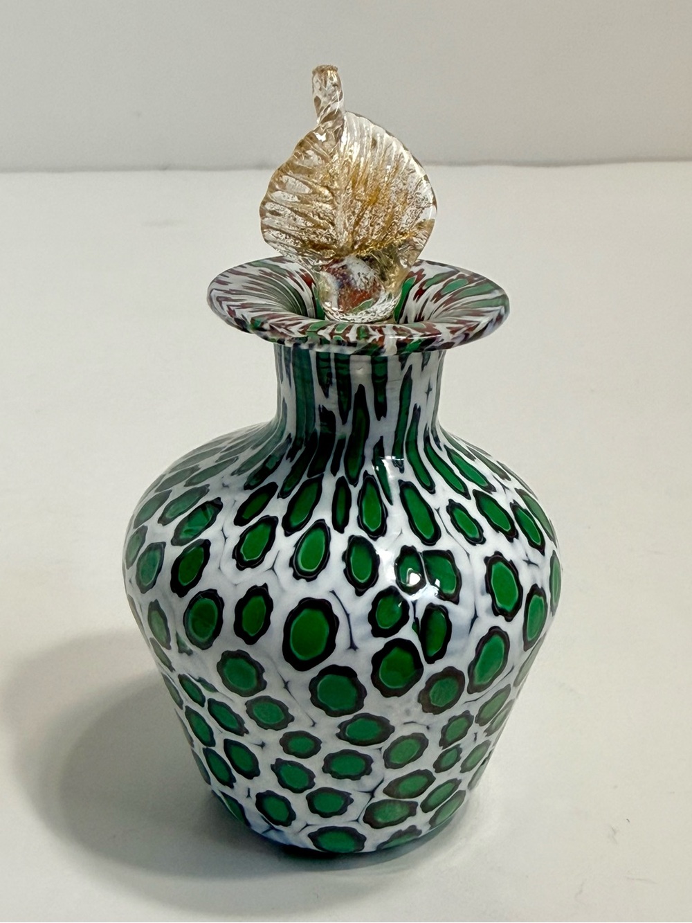 Vintage Murano Glass Perfume Bottle Green And White Millefiori Design W/Stopper